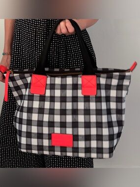 Marc by Marc Jacobs Black White Checked Gingham Tote Bag Red Leather Trim